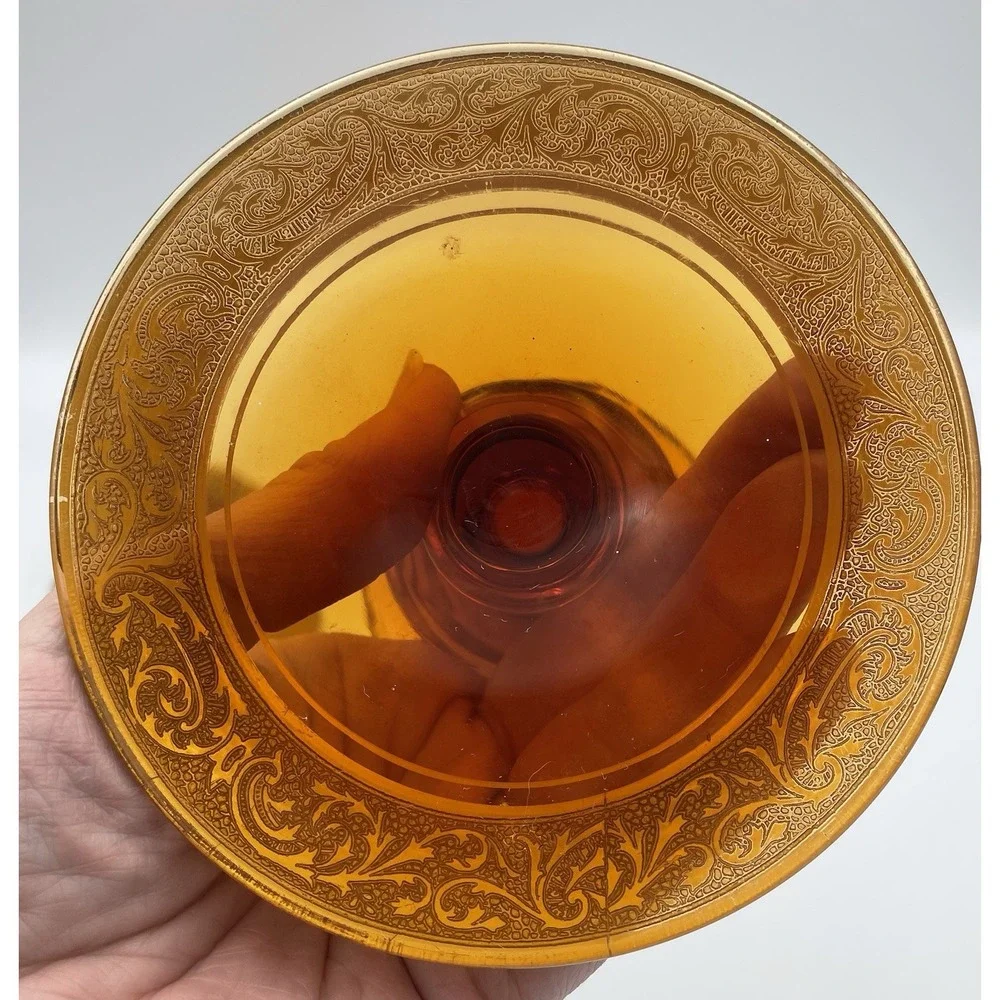 Vtg. Amber Glass Candle Holders Candlestick Pair Gold Encrusted Base Trim 1920's